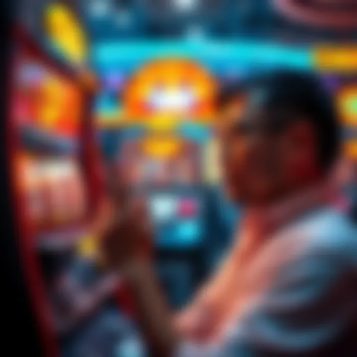 A person contemplating whether to withdraw cash from a casino slot machine after a small win.