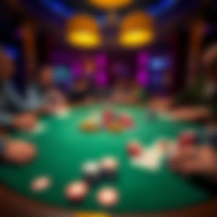 A poker table set up for deep stack play, featuring chips, cards, and players engaged in a game.