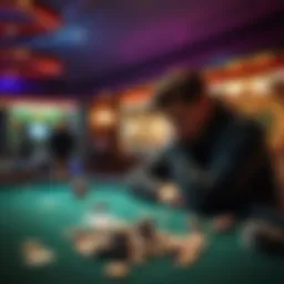 A dejected player sitting at a gaming table A sad man reflecting on a gambling loss at a table, with cards and chips scattered in front of him