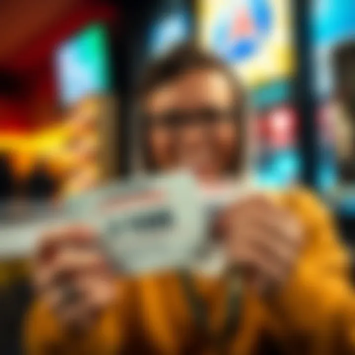 A happy player holding a $20 scratch-off ticket and a $100 cash prize in Delaware.