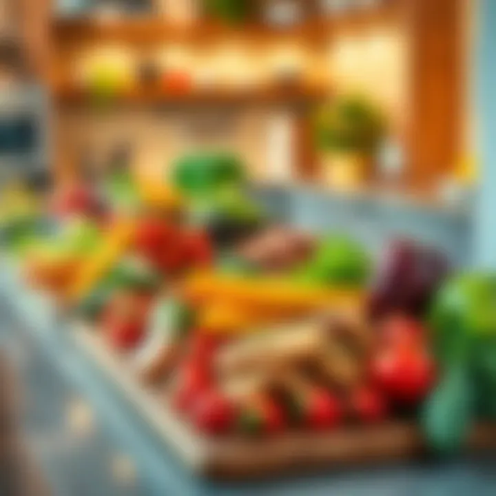 A colorful array of fresh ingredients and prepared dishes on a kitchen counter, showcasing culinary techniques and flavors