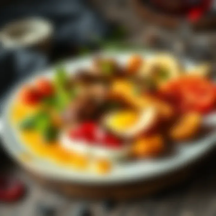 A colorful plate of gourmet dishes arranged artistically