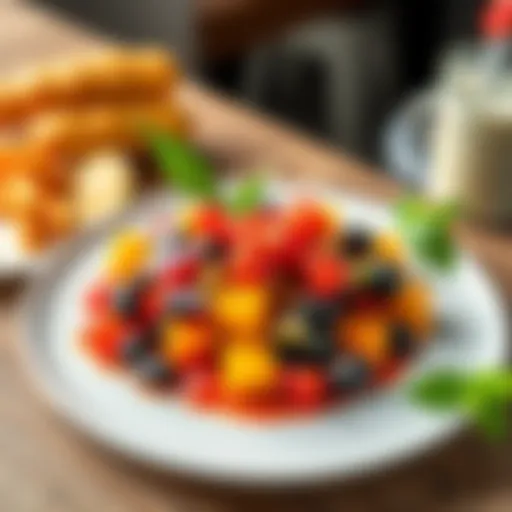 A vibrant plate featuring a juicy dish with colorful ingredients, showcasing an explosion of flavors and textures.