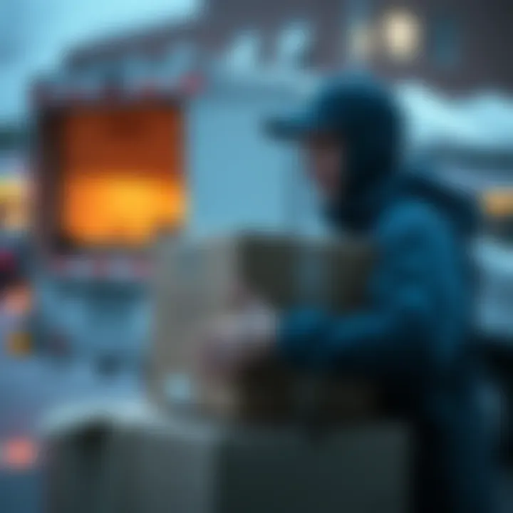 Delivery Process A person packing a box for shipping with a delivery truck in the background
