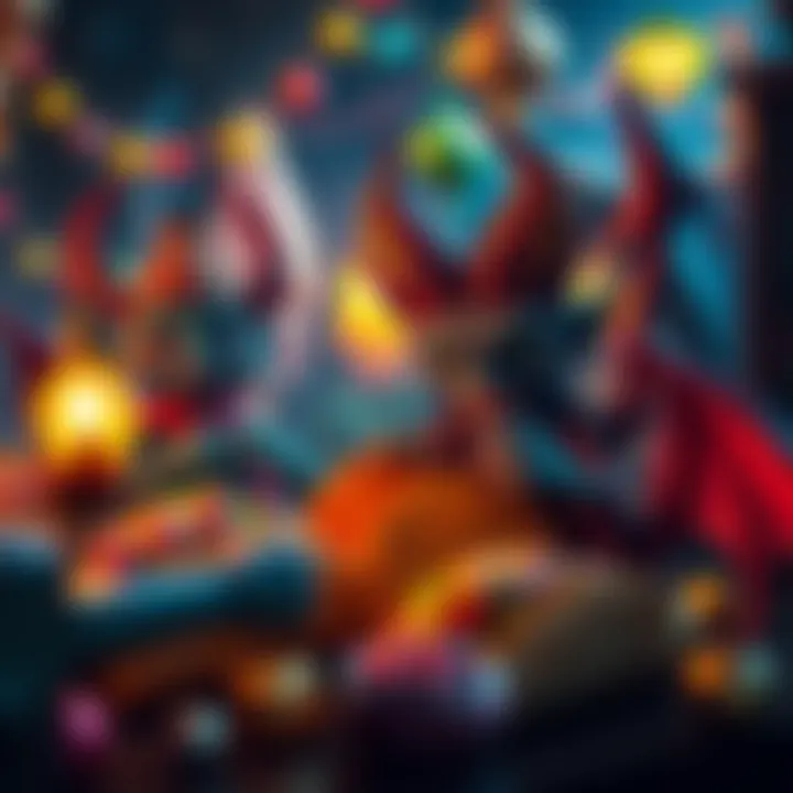 A colorful taco night scene featuring playful demons and goblins enjoying tacos together, surrounded by festive decorations.