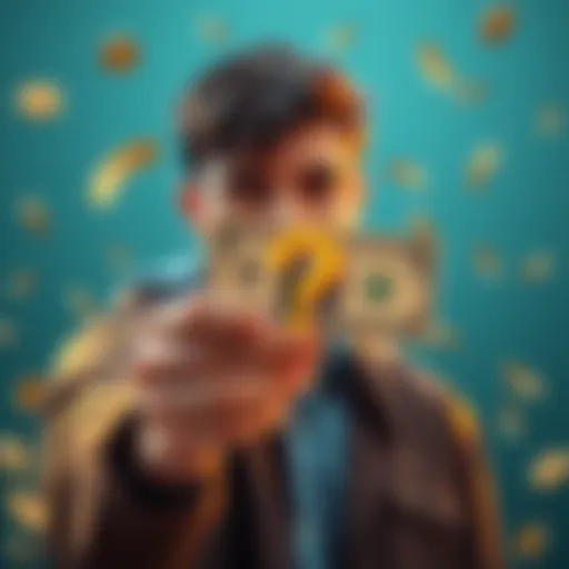 A graphic showing a person holding cash with a question mark, symbolizing inquiries about bonus deposits and withdrawals.