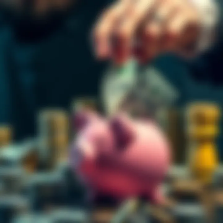 A person placing larger banknotes into a piggy bank, symbolizing higher deposits for better chances of winning