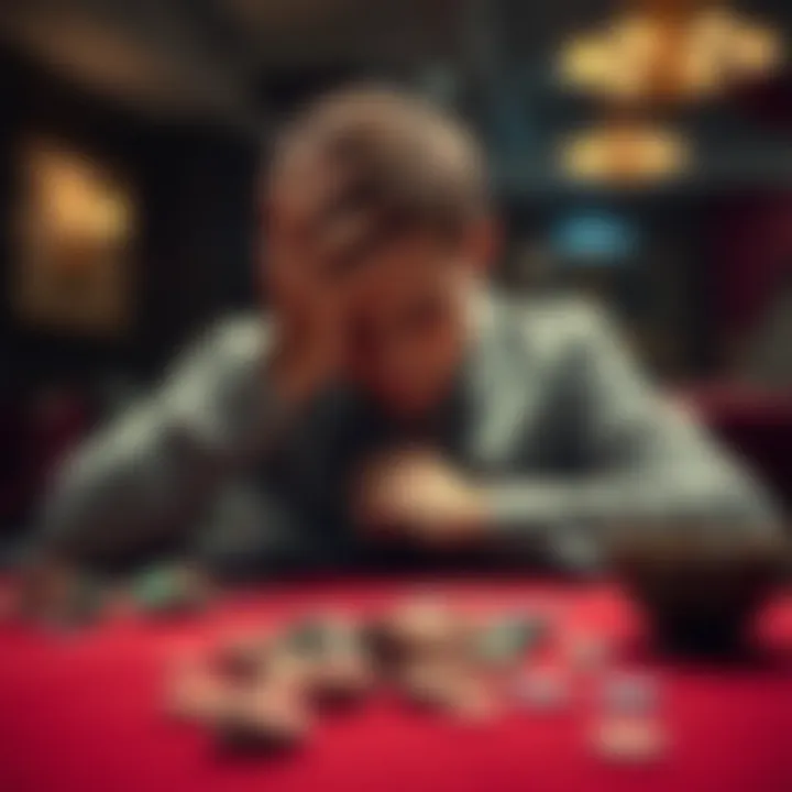 A person sitting at a table, holding their head in sorrow after losing money while gambling, the remains of chips scattered around them.