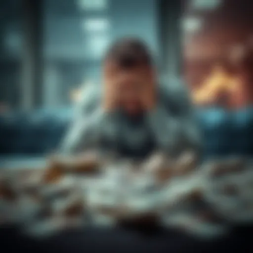 A person sitting at a table with head in hands, surrounded by empty betting slips, reflecting on financial losses from options gambling.