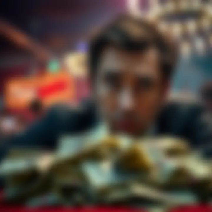 Desperate gambler looking at lost money A worried person staring at a pile of cash with a sad expression, contemplating their gambling losses