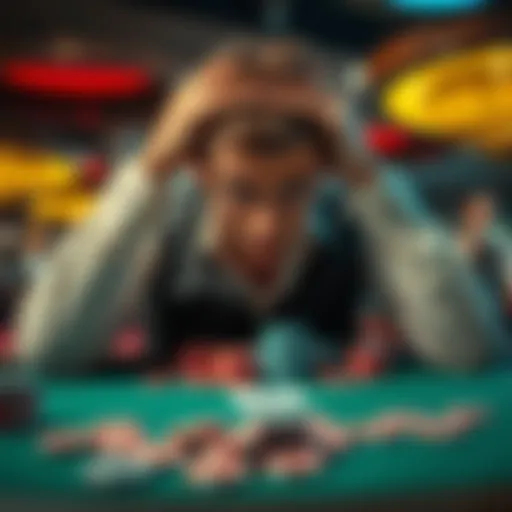 A worried gambler at a casino table, hands on head, looking distressed with chips scattered around, symbolizing a plea for assistance from higher powers.