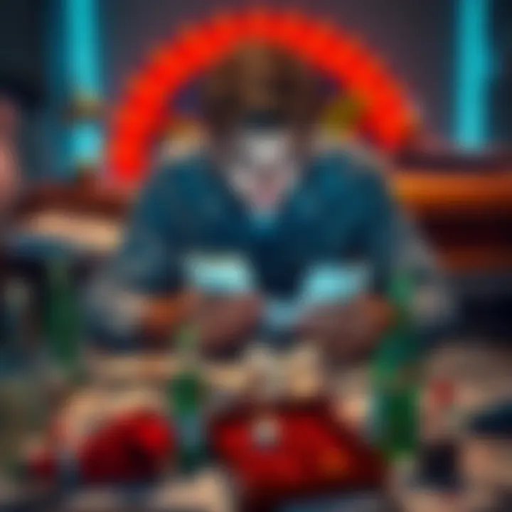 A 28-year-old man sits on a cluttered table surrounded by bills and empty bottles, showing signs of distress and hopelessness.