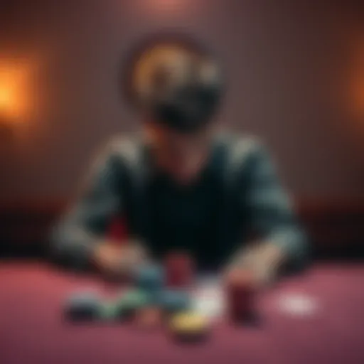 A person sitting alone at a table with gambling chips and cards, looking distressed and lost in thought, symbolizing the struggles of gambling addiction.