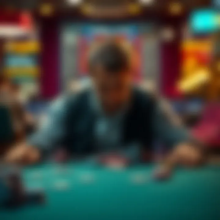 A somber man sitting alone at a table with empty poker chips, looking distressed over recent gambling losses.