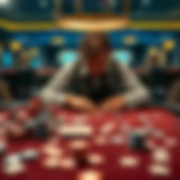 A person sitting at a gaming table looking stressed, surrounded by empty chip stacks and lost tickets, symbolizing the struggle with gambling addiction