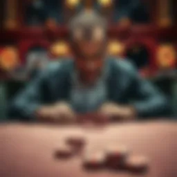 A stressed person sitting at a gambling table with empty chips and a worried expression, showing signs of despair after losing money.