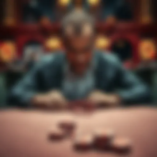 A stressed person sitting at a gambling table with empty chips and a worried expression, showing signs of despair after losing money.