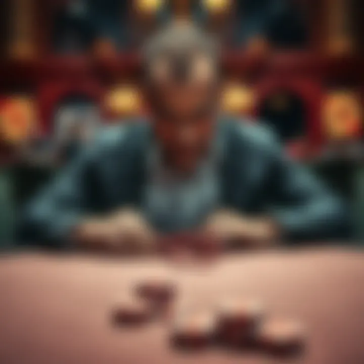 A stressed person sitting at a gambling table with empty chips and a worried expression, showing signs of despair after losing money.