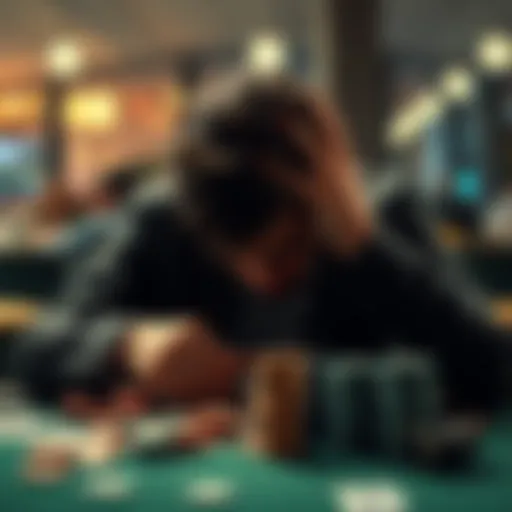 A person sitting at a table with their head in their hands, surrounded by gambling chips and bills, showing distress over their financial situation.