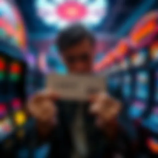 A person looks distressed while holding a losing lottery ticket in a dimly lit casino, surrounded by flashing slot machines and other players.