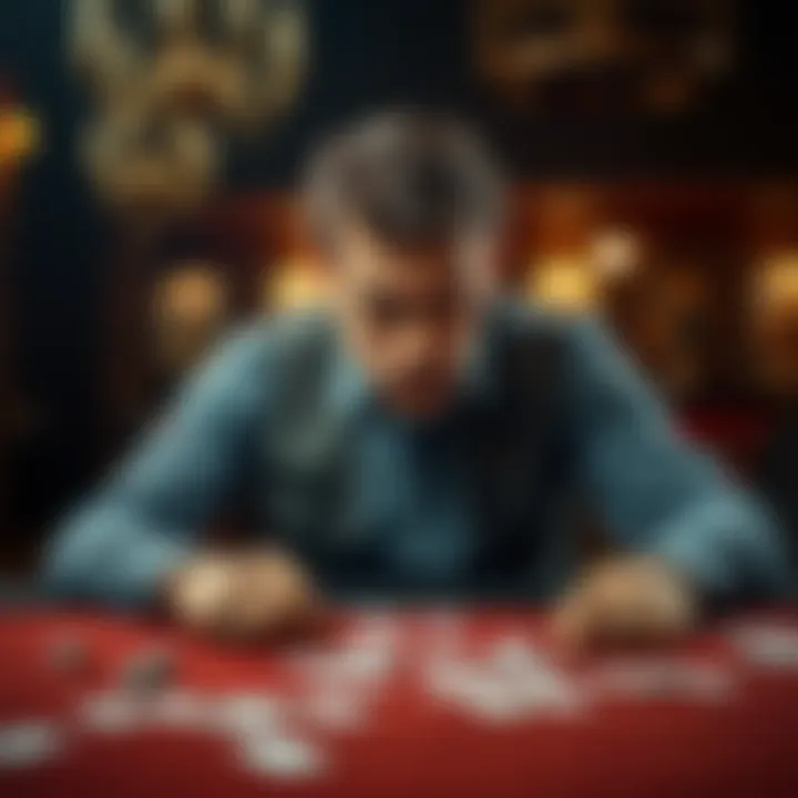 Desperate gambler sitting at a table A man looking distressed at a gambling table with cards and dice scattered around him, representing his struggle with gambling debt.