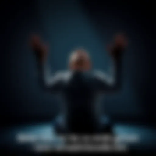 A person kneeling with hands raised in prayer, showing a deep emotional struggle in a darkened room