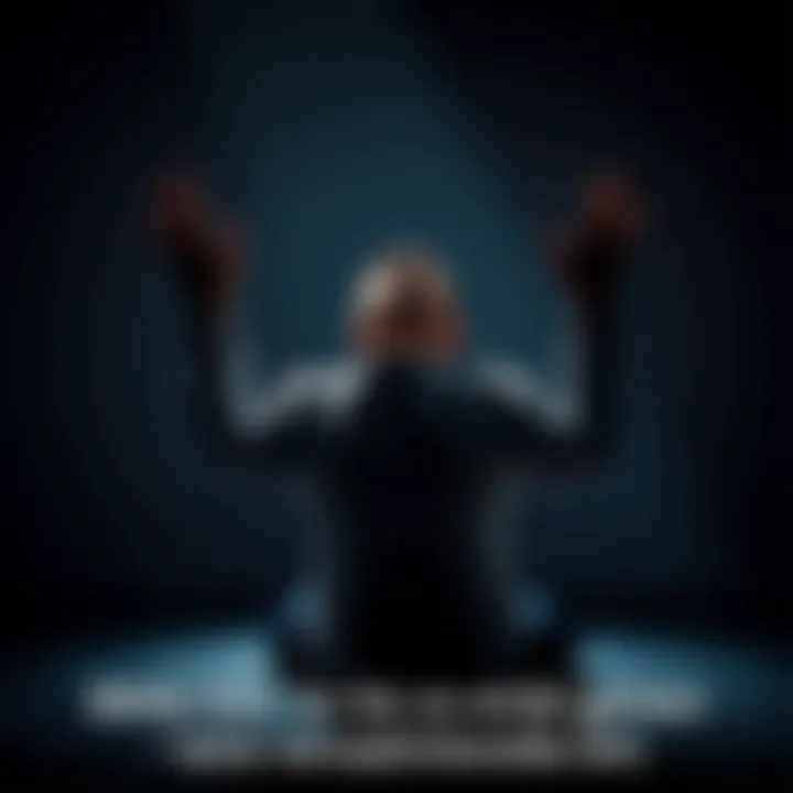 A person kneeling with hands raised in prayer, showing a deep emotional struggle in a darkened room