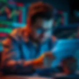 A frustrated options trader analyzing financial charts, showing signs of distress after a significant loss.