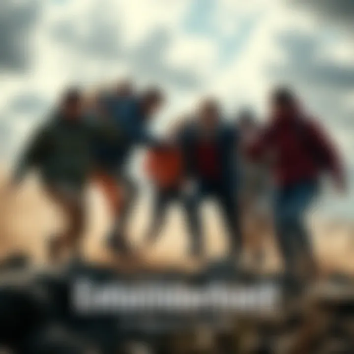 A group of people overcoming obstacles and supporting each other in a challenging situation