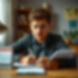 A person sitting at a desk with a tired expression, looking at a calendar and a notepad with notes, symbolizing a tough day but with a hint of optimism for tomorrow.
