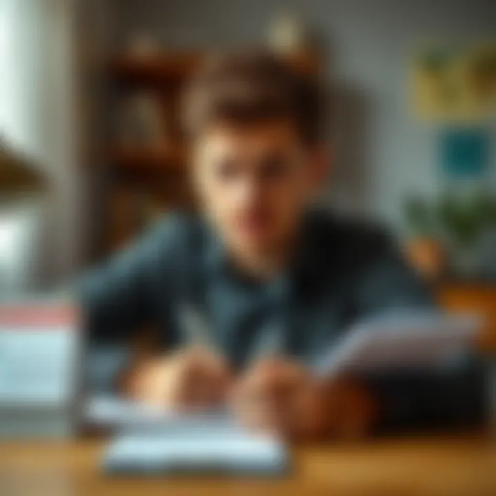 A person sitting at a desk with a tired expression, looking at a calendar and a notepad with notes, symbolizing a tough day but with a hint of optimism for tomorrow.