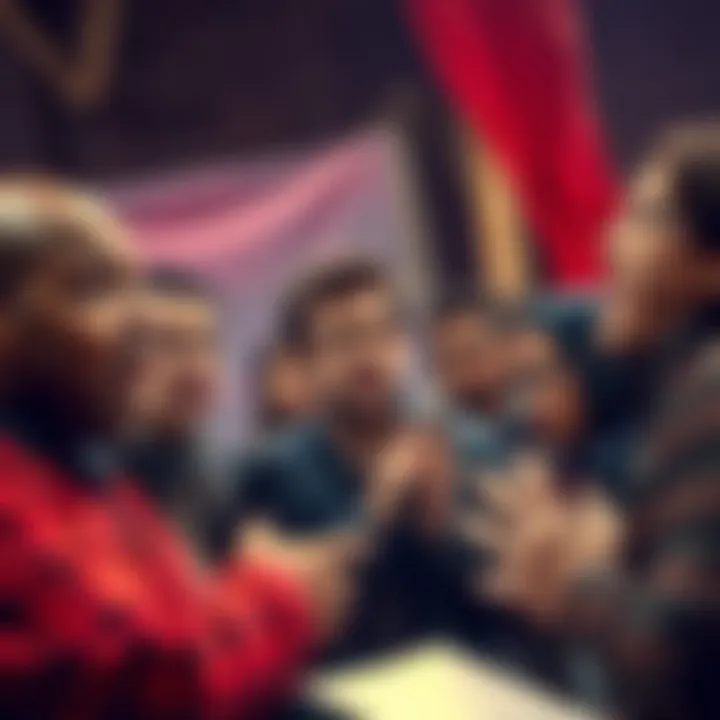 A group of Detroit residents passionately discussing the 'Nie auszahlen' debate, showing signs of frustration and concern.