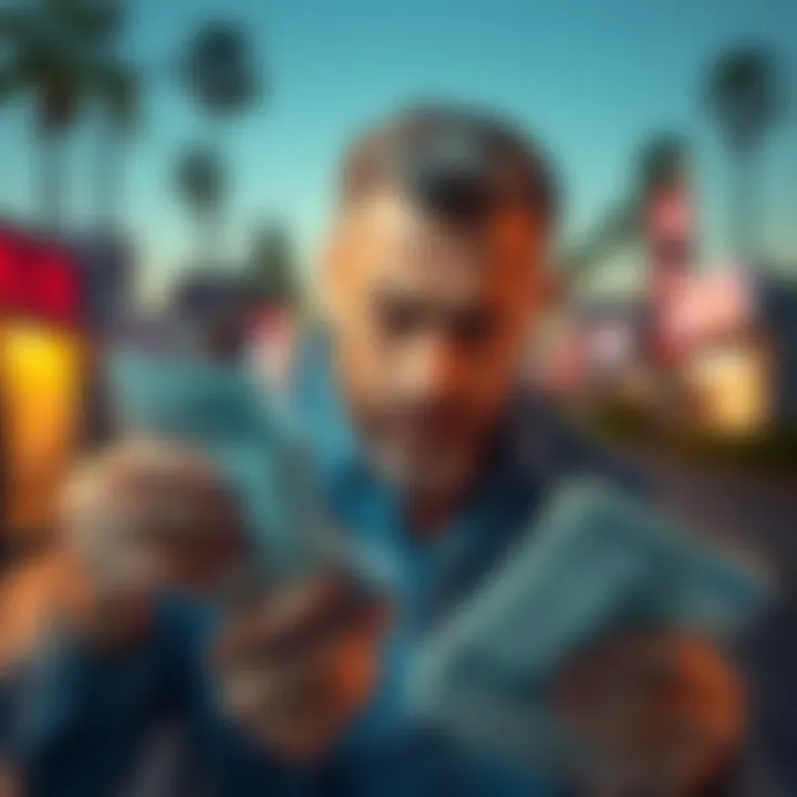 A man showing signs of stress while holding bills and documents in Los Angeles, warning of fraudulent behavior.