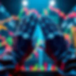 A graphic representation of the Diamond Hands trading strategy with stock market charts and symbols of strength, like diamonds.