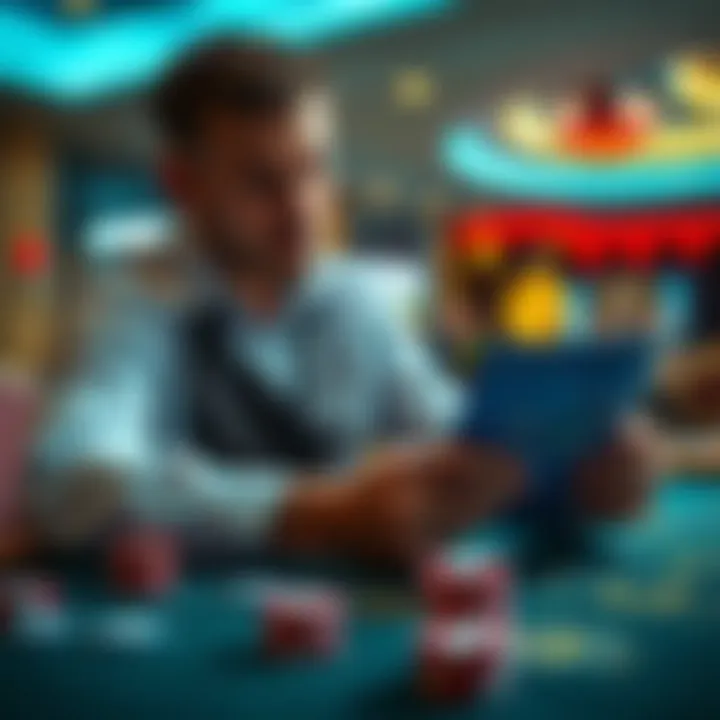 A person studying a strategy guide with diamond symbols and casino chips on a table