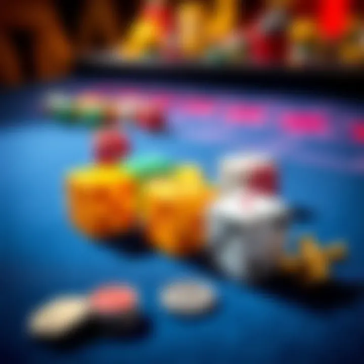 A close-up of colorful dice and betting tokens on a felt table, symbolizing luck and strategy in gambling.