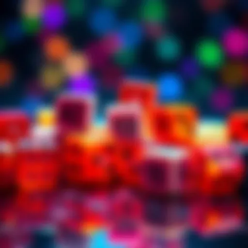A colorful display of dice showing various numbers, representing the 98% dice strategy for gaming.