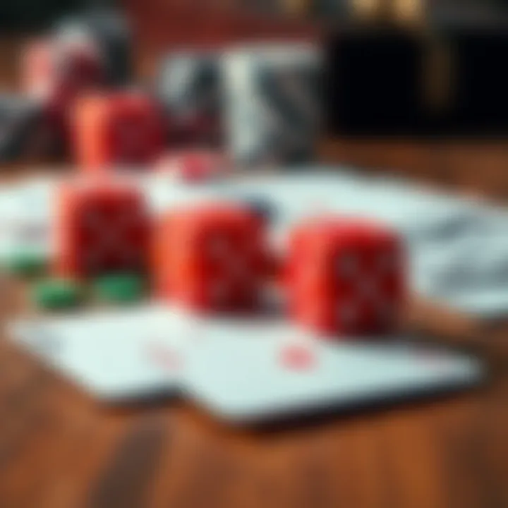 A close-up view of colorful dice and playing cards scattered on a wooden table, representing chance in gambling.