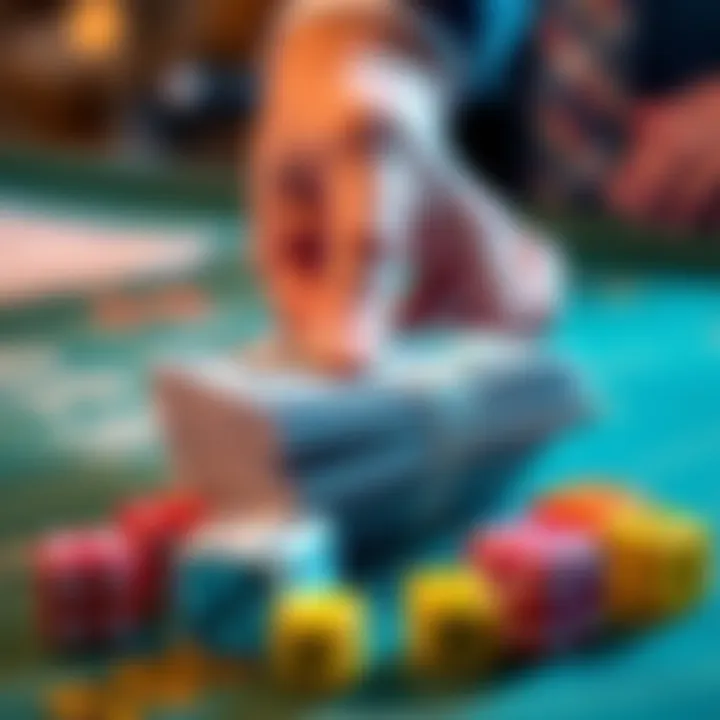 A close-up of a hand placing a stack of cash next to colorful dice on a gaming table, symbolizing a $500 bet in gambling.