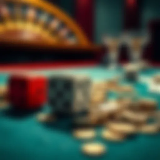 Close-up of dice and scattered coins on a gambling table, highlighting the risks of betting.