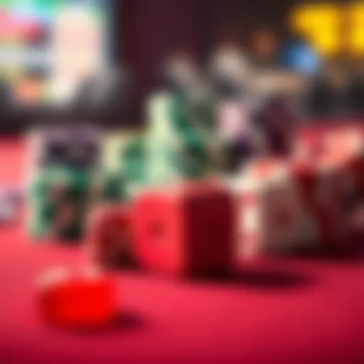 A close-up view of colorful poker chips and dice on a gambling table, illustrating choices in betting or cashing out.