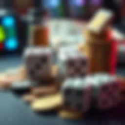 A collection of dice with coins and cash representing recent wins in gaming