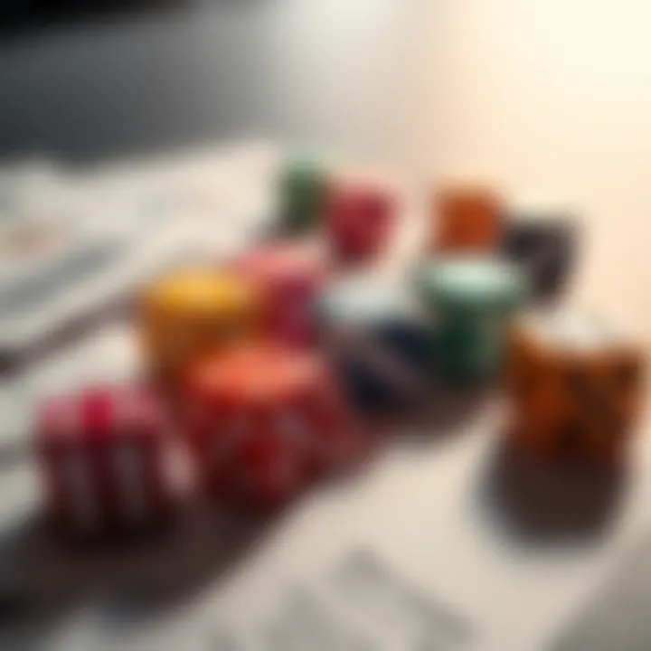 Dice and betting slips A close-up of colorful dice and betting slips spread out on a table, symbolizing gambling and chances to win.