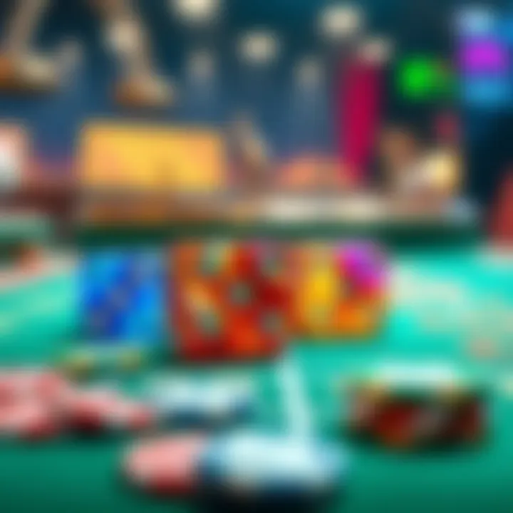Colorful dice on a betting table with chips, representing gambling strategies and wagers