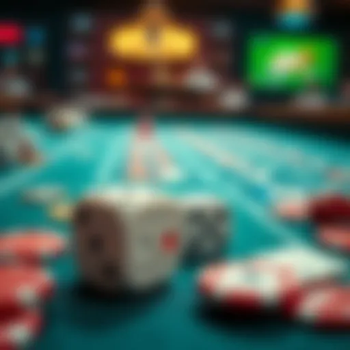 Close-up of colorful dice on a betting table with chips scattered around