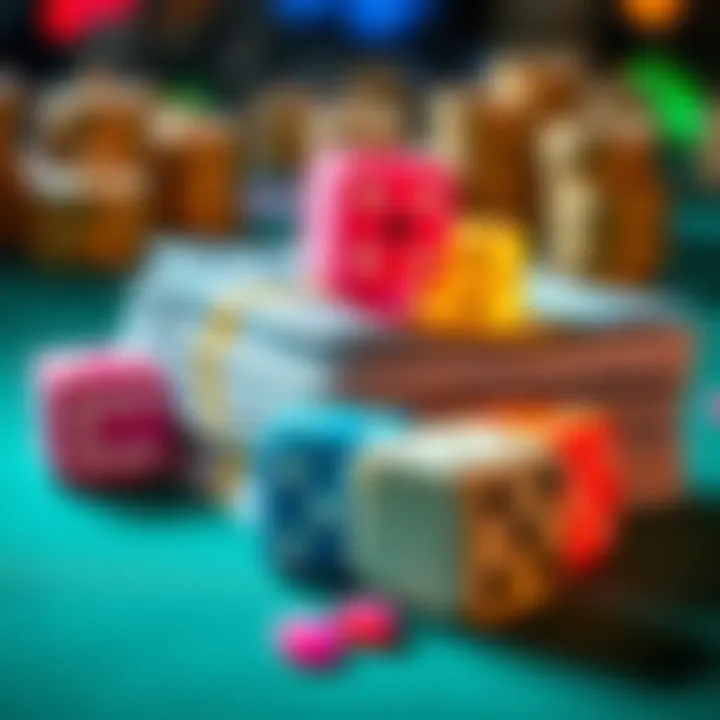 A stack of cash next to colorful dice, showing the potential for winnings in a dice game.