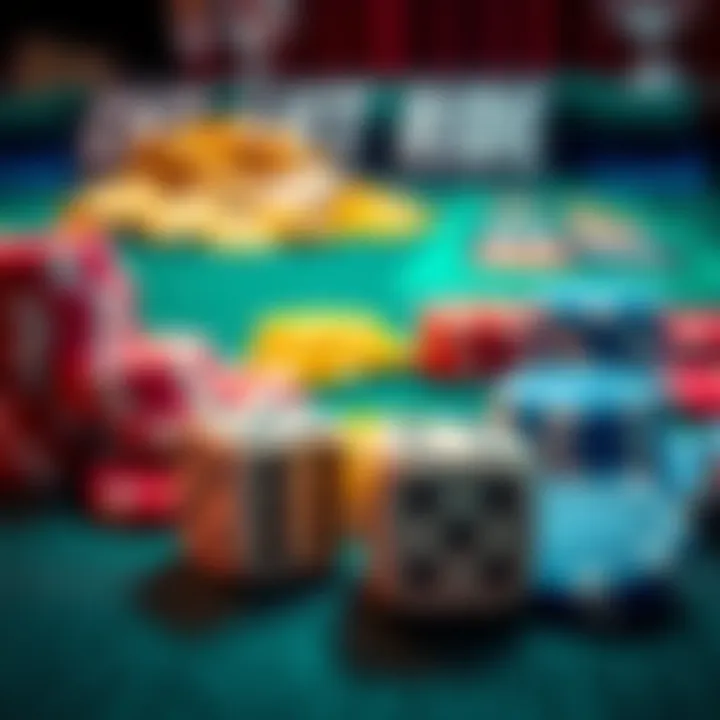 A close-up of colorful dice and casino chips on a betting table, representing risks in gambling.