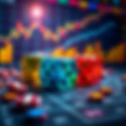 Colorful dice representing gambling trends with charts in the background