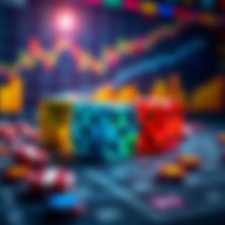 Colorful dice representing gambling trends with charts in the background