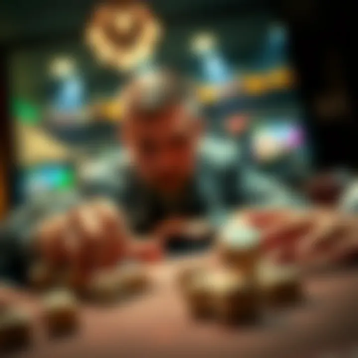 A player carefully rolls dice, showing focus and strategy in a gaming setting, with a focus on safety measures.